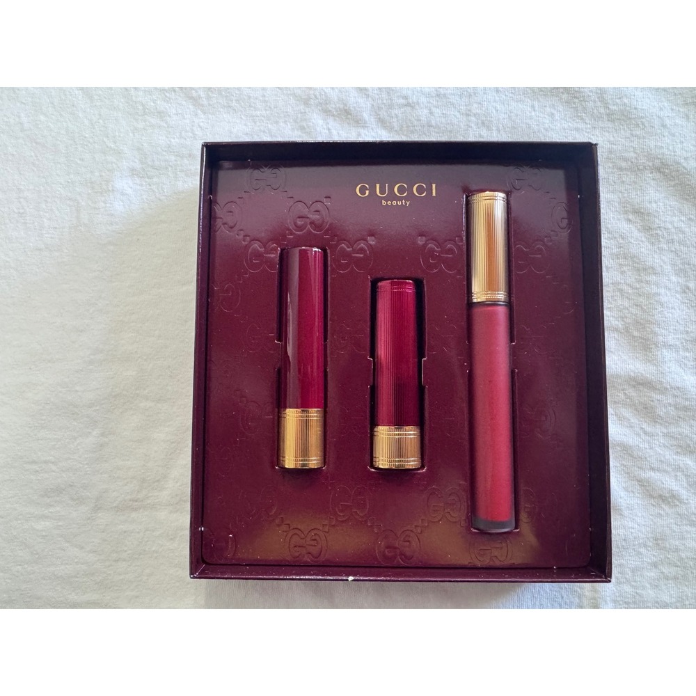 Gucci Beauty Rosso Ancora Lip Set 3-Piece Lipstick Liquid Matte Gift Box NEW